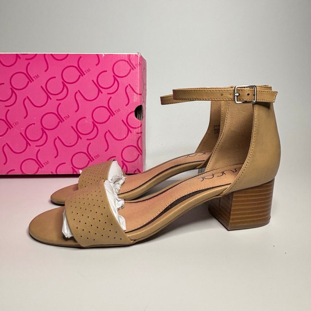 Sugar Noelle Low Block Heel Dress Ankle Strap Sandal in Taupe Pin Perf